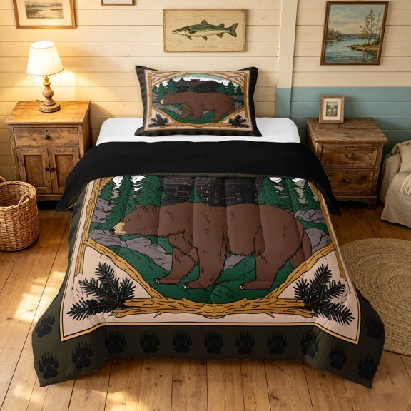 Manfei Vintage Bear Twin Comforter Sets, Cartoon Rustic Animal Bedding Set, Brown Green, Black Reversible, 2pcs, 1 Comforter and 1 Pillowcase