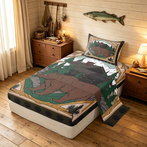 Manfei Vintage Bear Twin Sheets, Cartoon Rustic Animal Bedding, Brown Green, 3pcs, 1 Flat Sheet, 1 Fitted Sheet and 1 Pillowcase