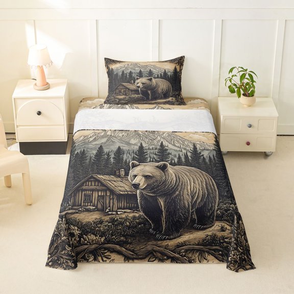 Manfei Vintage Bear Twin Sheets,Rustic Farmhouse Cabin Bedding,Brown,3 Pieces,1 Fitted Sheet and 1 Pillowcase