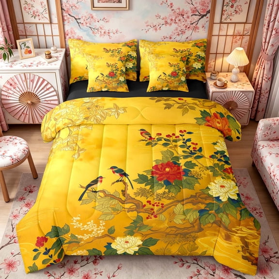 Manfei Vintage Bird Peony Twin Bedding Sets for Girls, Floral Branch Bedding Comforter Set, Yellow Red Green, Black Reversible 7pcs