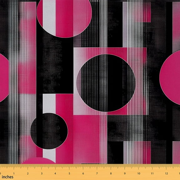Manfei Vintage Black Pink Fabric by the Yard (1 Yard), Geometric Circle Stripe Decorative Fabric by the Yard, Abstract Lines Sewing & Crafting Fabric, Stylish Living Room Decor