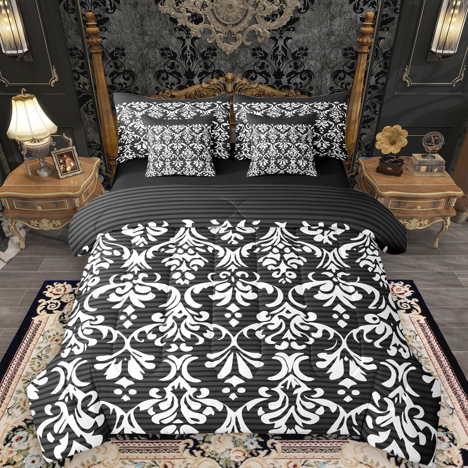 Manfei Vintage Black White Damask 7-Piece Twin Bedding Sets, Tribal ...