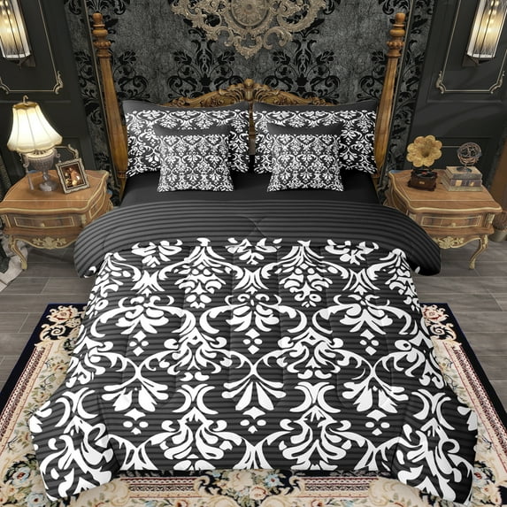 Manfei Vintage Black White Damask 7pcs Bedding Comforter Set, Tribal Mandala Flower Floral Queen Bedding Sets, Teens Adult Female Reversible Queen Sheet Sets, Luxury Bedroom Decor