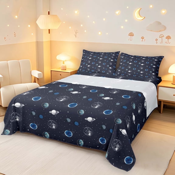 Manfei Vintage Blue Planets Queen Sheets,Celestial Stars Dots Queen Sheet Sets,4-Piece,1 Flat Sheet,1 Fitted Sheet and 2 Pillowcases