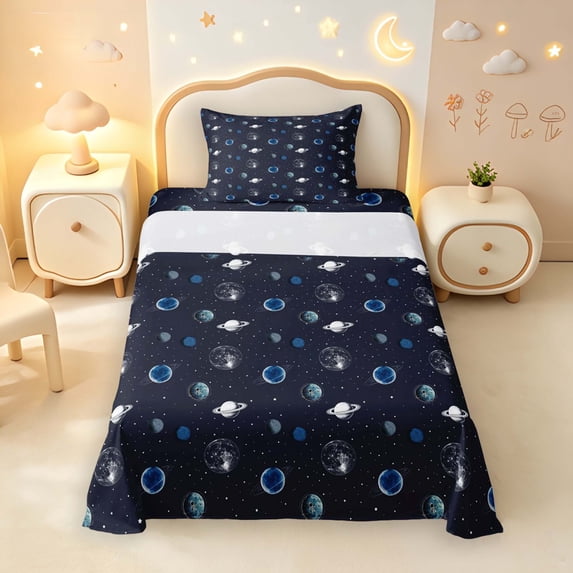 Manfei Vintage Blue Planets Twin Sheets,Celestial Stars Dots Bedding,3 Pieces,1 Flat Sheet,1 Fitted Sheet and 1 Pillowcase