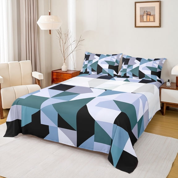 Manfei Vintage Blue Square Bed Sheets, Triangle Stripes Geometric King Sheets, Abstract Ombre Sheet Set, Breathable Home Decor, 4pcs