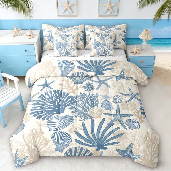 Manfei Vintage Blue White Starfish Bedding Comforter Set for Kids Boys and Girls, Seashell CoralQueen Bedding Sets, Reversible 7 Pieces