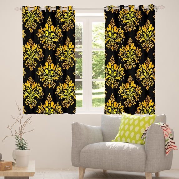 Manfei Vintage bohemian Flowers Blackout Curtains,Damask Victorian Baroque Curtains Pack of 2 (38x45 Each),Black Gold Window Curtains For Girls Boys,Ultra Soft Home Decor