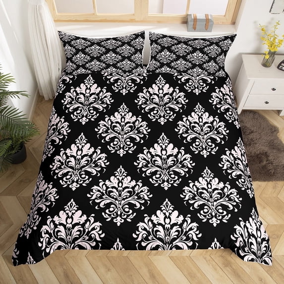 Manfei Vintage Bohemain Flowers Duvet Cover Twin,Damask Victorian Baroque Bedding Sets Twin Size,Pink Black Bed Set For Girls Boys,Ultra Soft Home Decor Reversible(No Comforter),2-Piece