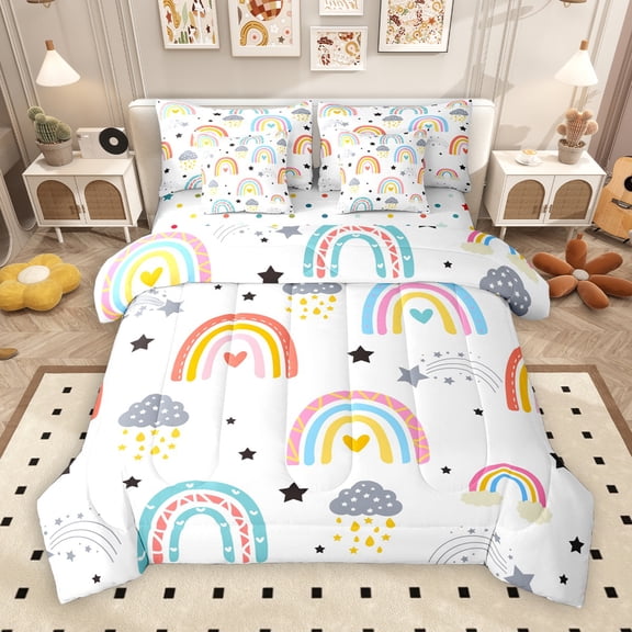 Manfei Vintage bohemian Rainbow 7-Piece Bedding Comforter Set,Cartoon Clouds Stars King Bedding Sets,Colorful Striped Bed Sheets For Kids Girl, Microfiber Bedroom Decor Reversible