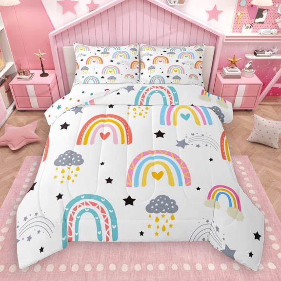 Manfei Vintage bohemian Rainbow Bedding Comforter Set,Cartoon Clouds Stars Twin Comforter Sets,Colorful Striped Bedding Set For Kids Girl, Microfiber Bedroom Decor Reversible,2pcs