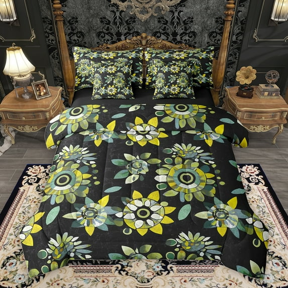 Homewish Vintage Bohemian Flower Bedding Comforter Set 7pcs, Black Green King Bedding Sets, Hippie Plant Botanical Reversible Bed Sheets, Super Cozy Room Decor