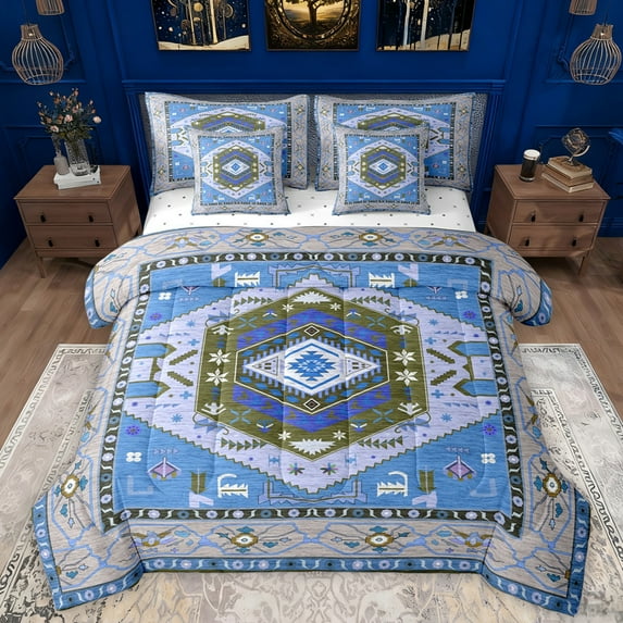 Manfei Vintage Boho Aztec 7pcs Bedding Comforter Set,bohemian Exotic Style Queen Bedding Sets,Wgray Blue Queen Sheet Sets For Boys Kids,Luxury Bedroom Decor Reversible
