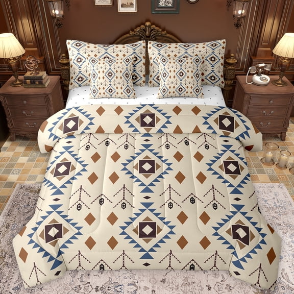 Manfei Vintage Boho Aztec Bedding Comforter Set 7 Pieces for Adult, Wheat Abstract Ombre Full Bedding Set, Hippie Mandala Style Reversible Fitted Sheet Flat Sheet, Ultra Soft Bedroom Decor