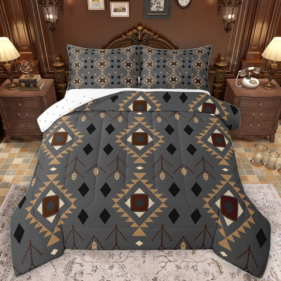 Manfei Vintage Boho Aztec Queen Comforter Set for Adult, Grey Abstract Ombre Bedding Sets, Hippie Mandala Style Reversible Bedding Comforter Set, Ultra Soft Bedroom Decor, 3pcs