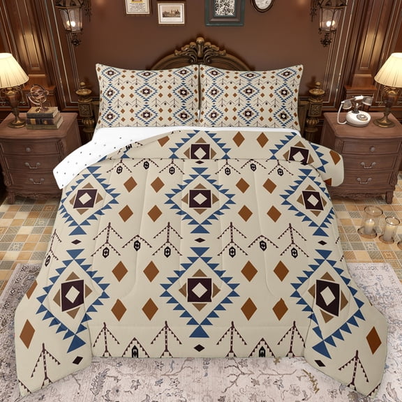 Manfei Vintage Boho Aztec Queen Comforter Set for Adult, Wheat Abstract Ombre Bedding Sets, Hippie Mandala Style Reversible Bedding Comforter Set, Ultra Soft Bedroom Decor, 3pcs