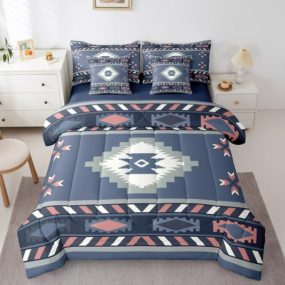 Manfei Vintage Boho Bed in a Bag Queen Size,Aztec Bed Set,Bohemain Blue Geometric Bedding Queen Size,Breathable Room Decoration Reversible,7 Pieces