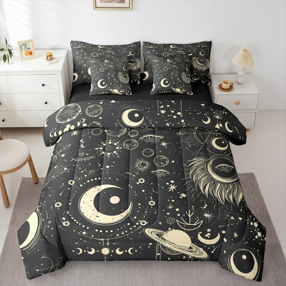 Manfei Vintage Boho bohemian 7-Piece Bedding Comforter Set,Sun Moon Planet King Bedding Sets,Beige Black Bed Sheets For Child,Super Cozy Room Decor Reversible