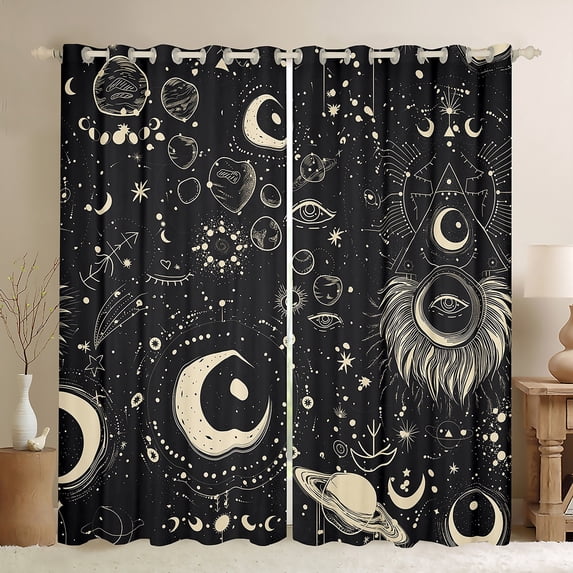 Manfei Vintage Boho bohemian Blackout Curtains Set of 2 (52x84 Each),Sun Moon Planet Window Curtains,Beige Black Curtains and Drapes For Child,Super Cozy Room Decor