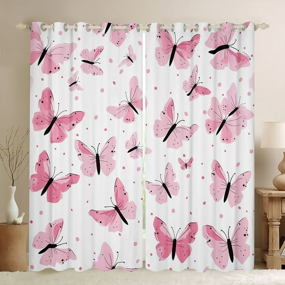 Manfei Vintage Boho Butterfly Curtains Pack of 2 (42x84 Each),Geometric Polka Dot Curtains Blackout,White Pink Bedroom Curtains For Girls Kids,Breathable Home Decor