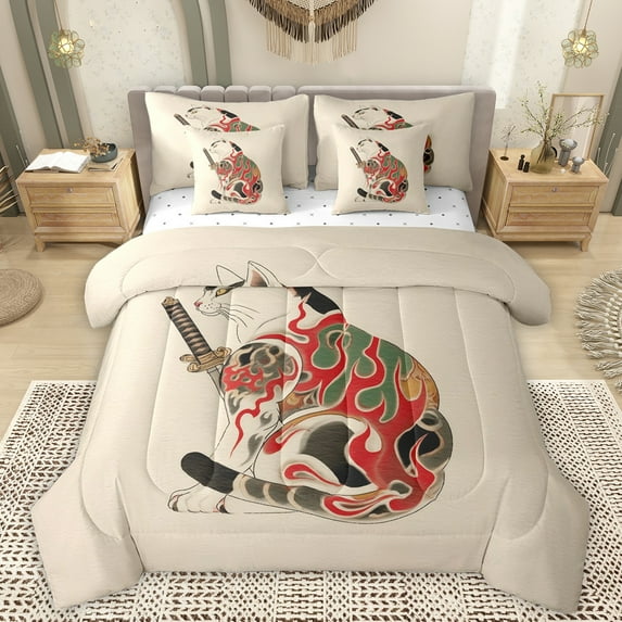 Manfei Vintage Boho Exotic 7-Piece Bedding Comforter Set,bohemian Cat Kitten King Bedding Sets,Japanses Style Print Bed Sheets For Kids,Breathable Home Decor Reversible