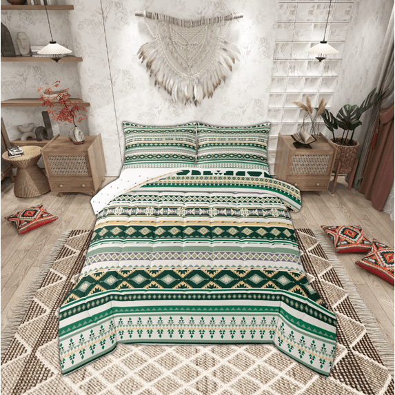 Manfei Vintage Boho King Size Comforter Sets,Bohemian Geometric Bedding Comforter Set,Green Beige Bedding Set For Adult,Breathable Home Decor Reversible,3 Pieces