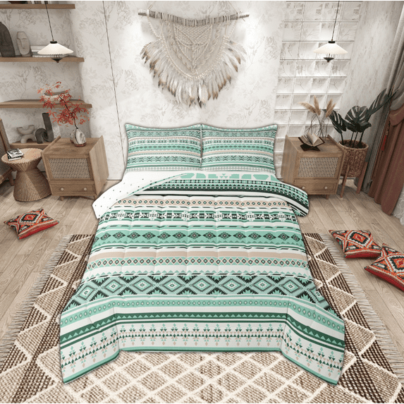Manfei Vintage Boho King Size Comforter Sets,Bohemian Geometric Bedding Comforter Set,Green White Bedding Set For Adult,Breathable Home Decor Reversible,3-Piece