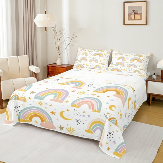 Manfei Vintage Boho Rainbow Queen Sheet Sets,Cartoon Moon Stars Flat Sheet,White Yellow Pink Queen Fitted Sheet For Kids Girl,Microfiber Bedroom Decor,4 Pieces