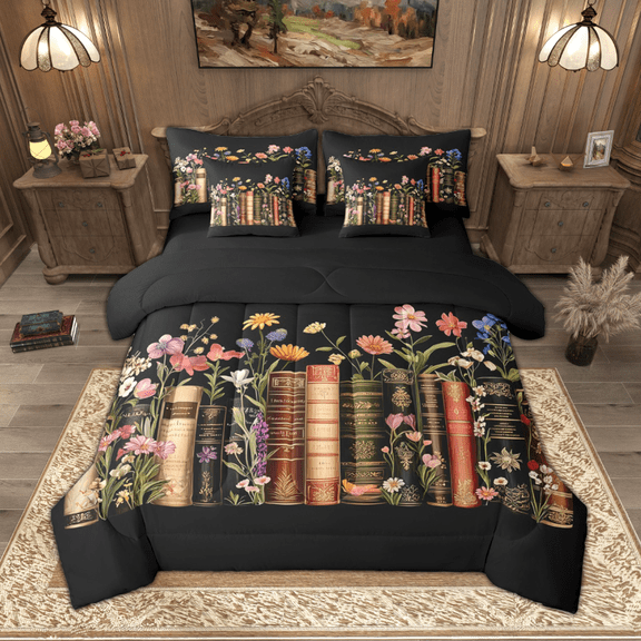 Manfei Vintage Books Bedding Comforter Set 7-Piece, Colorful Flower Floral King Bedding Sets, Rustic Farmhouse Bed Sheets, Breathable Home Decor
