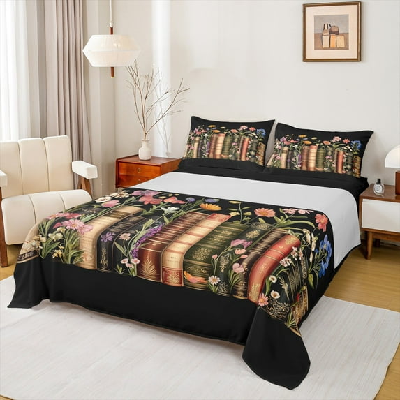 Manfei Vintage Books Full Size Sheets, Colorful Flower Floral Bed Sheets, Rustic Farmhouse Sheet Sets, Breathable Home Decor 4-Piece