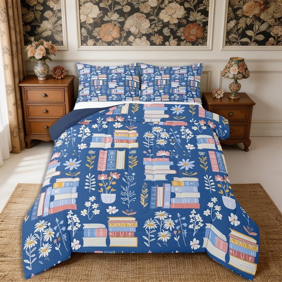 Manfei Vintage Books Queen Comforter Set 3 Pieces,Cartoon Flowers Comforter Sets Queen,1 Comforter and 2 Pillowcases,Reversible