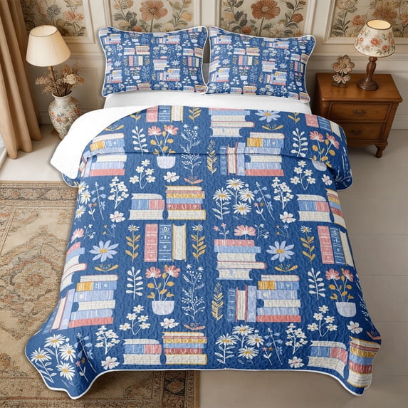 Manfei Vintage Books Quilt Full 3-Piece,Cartoon Flowers Full Bedspread Sets,1 Coverlet and 2 Pillowcases