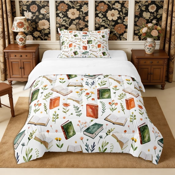 Manfei Vintage Books Twin Comforter Sets 2pcs,Cartoon Flowers Bedding Set,1 Comforter and 1 Pillowcase