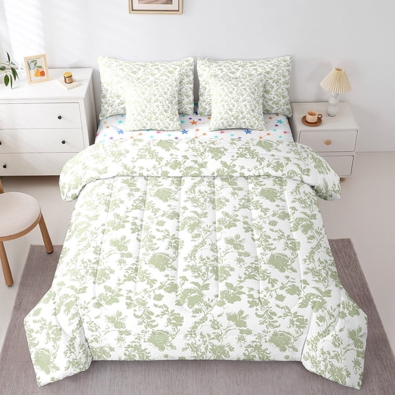 Manfei Vintage Botanical Leaf Bedding Comforter Set 7 Pieces,Flower Floral Full Bedding Set,Green White Fitted Sheet Flat Sheet,Microfiber Bedroom Decor Reversible