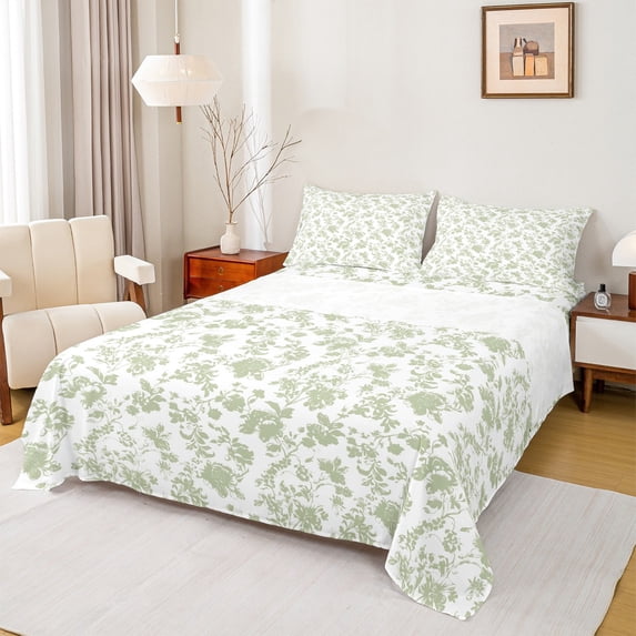 Manfei Vintage Botanical Leaf Queen Sheet Sets,Flower Floral Flat Sheet,Green White Queen Fitted Sheet,Microfiber Bedroom Decor,4pcs