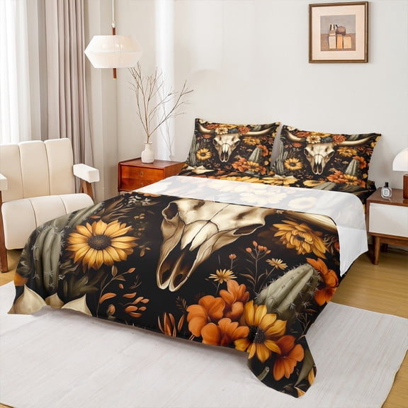 Manfei Vintage Bull Skull Twin Sheet Sets,Retro Rustic Flower Twin Fitted Sheet,Desert Plant Cactus Flat Sheet For Boys Girls,Microfiber Bedroom Decor,3-Piece