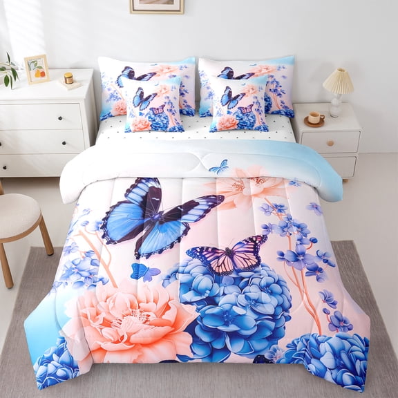 Manfei Vintage Butterflies 7-Piece Bedding Comforter Set,Rustic Hydrangea Flower King Bedding Sets,Pink Blue Bed Sheets For Girls,Ultra Soft Home Decor Reversible