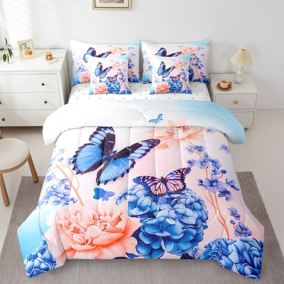 Manfei Vintage Butterflies 7 Pieces Bedding Comforter Set,Rustic Hydrangea Flower Full Bedding Set,Pink Blue Fitted Sheet Flat Sheet For Girls,Ultra Soft Home Decor Reversible