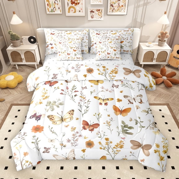 Manfei Vintage Butterflies 7pcs Bedding Comforter Set,Rustic Framhouse Cabin Queen Bedding Sets,White Brown Queen Sheet Sets For Girls,Ultra Soft Home Decor Reversible