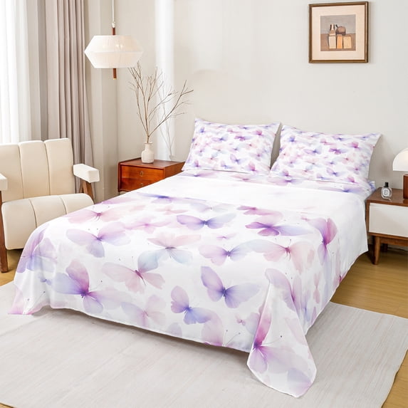 Manfei Vintage Butterflies Bed Sheets,Dreamy Theme King Sheets,Purple Light Purple Sheet Set For Girls,Ultra Soft Home Decor,4-Piece
