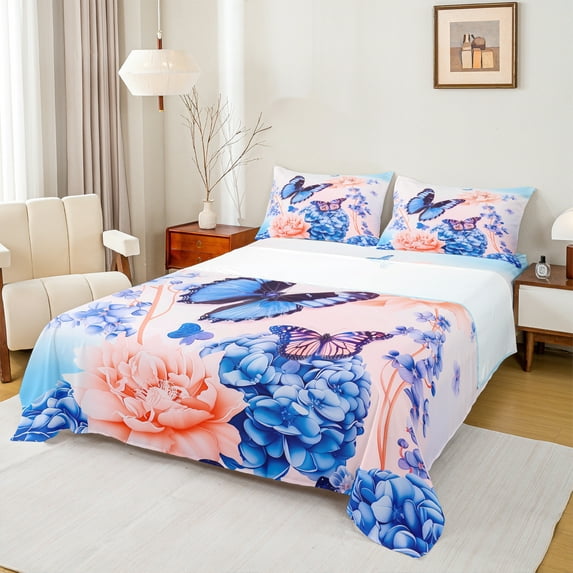 Manfei Vintage Butterflies Full Size Sheets,Rustic Hydrangea Flower Bed Sheets,Pink Blue Sheet Sets For Girls,Ultra Soft Home Decor,4pcs