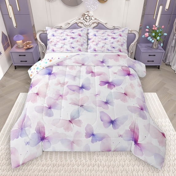 Manfei Vintage Butterflies Queen Comforter Set,Dreamy Theme Bedding Sets,Purple Light Purple Bedding Comforter Set For Girls,Ultra Soft Home Decor Reversible,3pcs
