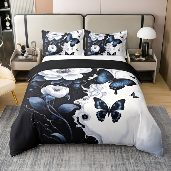 Manfei Vintage Butterfly 100% Cotton Duvet Cover Twin Size for Girls, Spring Flower Floral Comforter Cover, Black White Marbling Bed Cover, Super Cozy Room Decorative, Reversible 2 Pieces