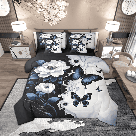 Manfei Vintage Butterfly 7-Piece Bedding Sets Full Size for Girls, Spring Flower Floral Comforter Sets with Sheets, Black White Marbling Bedding Accessories, Super Cozy Room Decorative