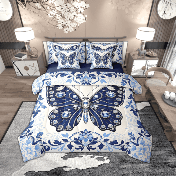 Manfei Vintage Butterfly 7-Piece Bedding Sets Twin Size, Blue Diamond Damask Comforter Sets with Sheets, Baroque Flower Floral Bedding Accessories, Super Cozy Room Decor