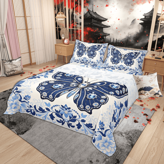 Manfei Vintage Butterfly Bed Sheets Set Full Size, Blue Diamond Damask Bedding Sets Full Size, Baroque Flower Floral Top Sheet, Super Cozy Room Decor, 4-Piece
