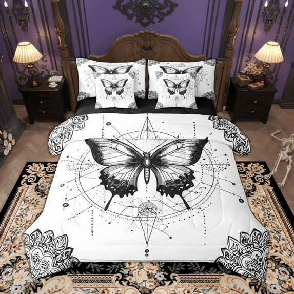 Manfei Vintage Butterfly Bedding Comforter Set, Hippie Mandala Floral King Bedding Sets, Boho Animal Bed Sheets Luxury Bedroom Decor Reversible 7 Pieces