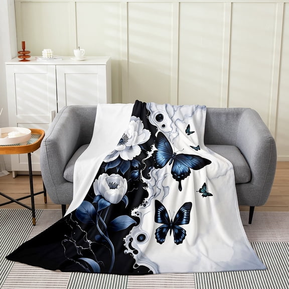 Manfei Vintage Butterfly Sherpa Blanket 30x40 for Girls, Spring Flower Floral Fuzzy Blanket Throw, Black White Marbling Fleece Blanket, Super Cozy Room Decorative