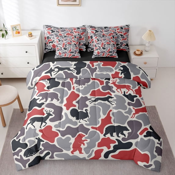 Manfei Vintage Camo 7-Piece King Bedding,Kawaii Deer King Bed in a Bag,Red Black,Black Reversible