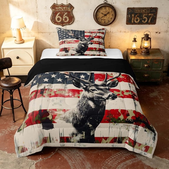 Manfei Vintage Camo Deer Twin Comforter Sets, Grunge USA Flag Bedding Set, Red Green Black, Black Reversible 2 Pieces, 1 Comforter and 1 Pillowcase
